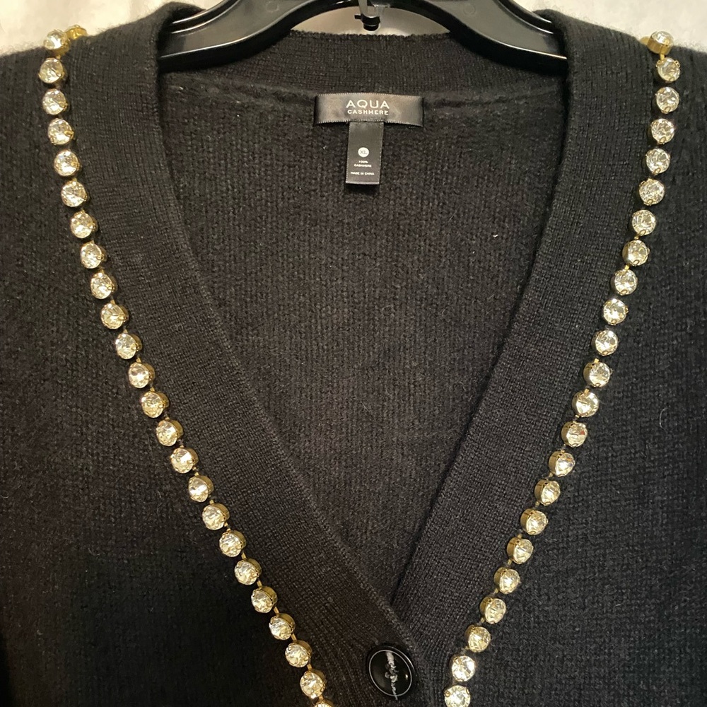 Aqua Black Cashmere V-Neck Cardigan with Rhinestone Trim - Picture 7 of 9